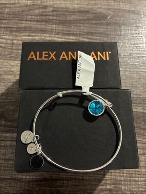 Alex and Ani Silver Bangle with Teal Blue Crystal Charm